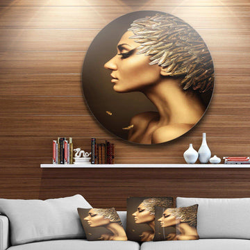 Woman with Gold Feather Hat - Portrait Metal Circle Wall Art